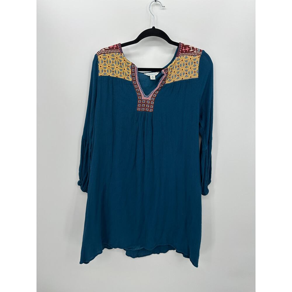 Sundance Blue Boho Mini Dress Size M Embroidery Pockets Long Sleeve Flowy